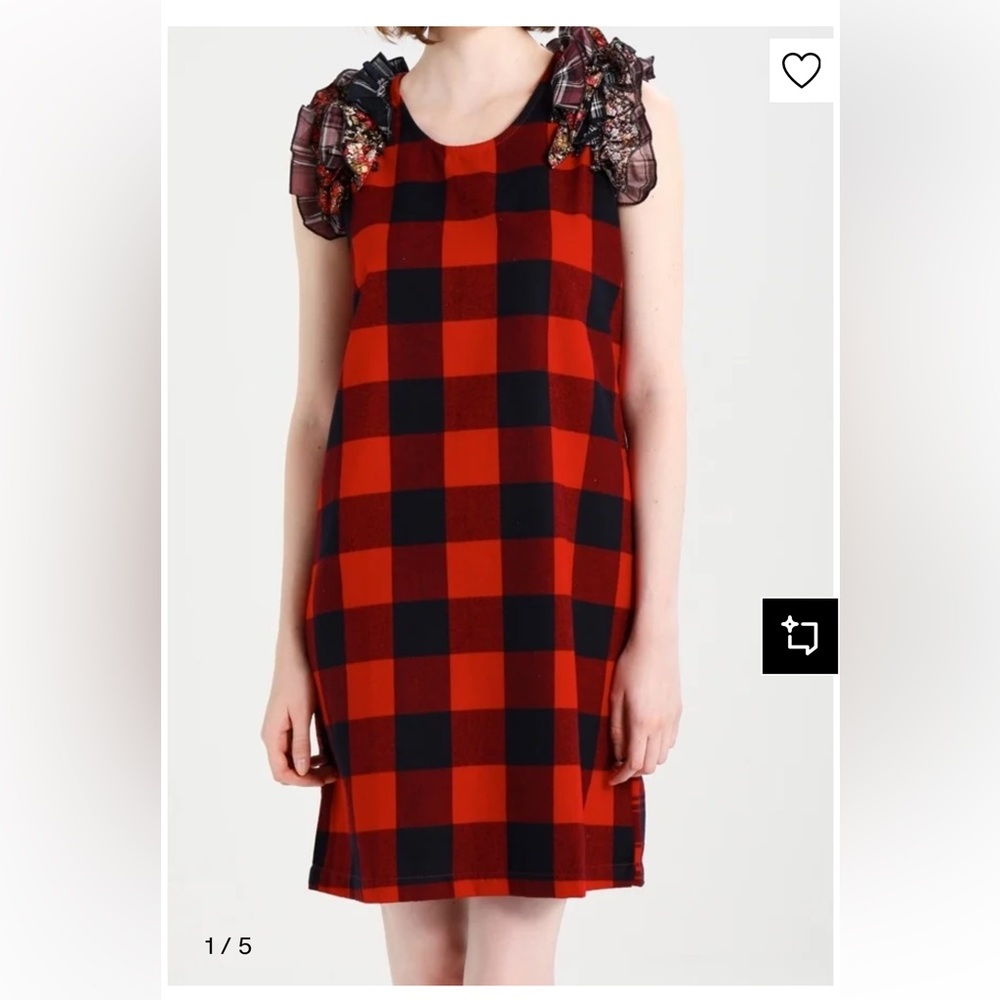Diesel Plaid Midi Dress in Red and Black with Floral Ruffled Cap Sleeve